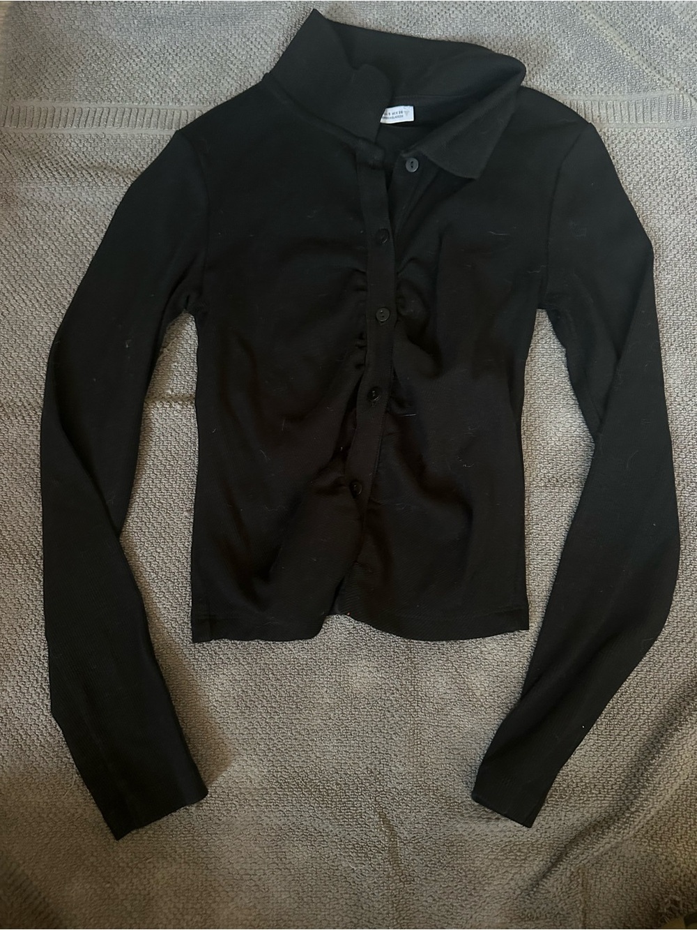 Zara Black Button-Front Long Sleeve Collared Top